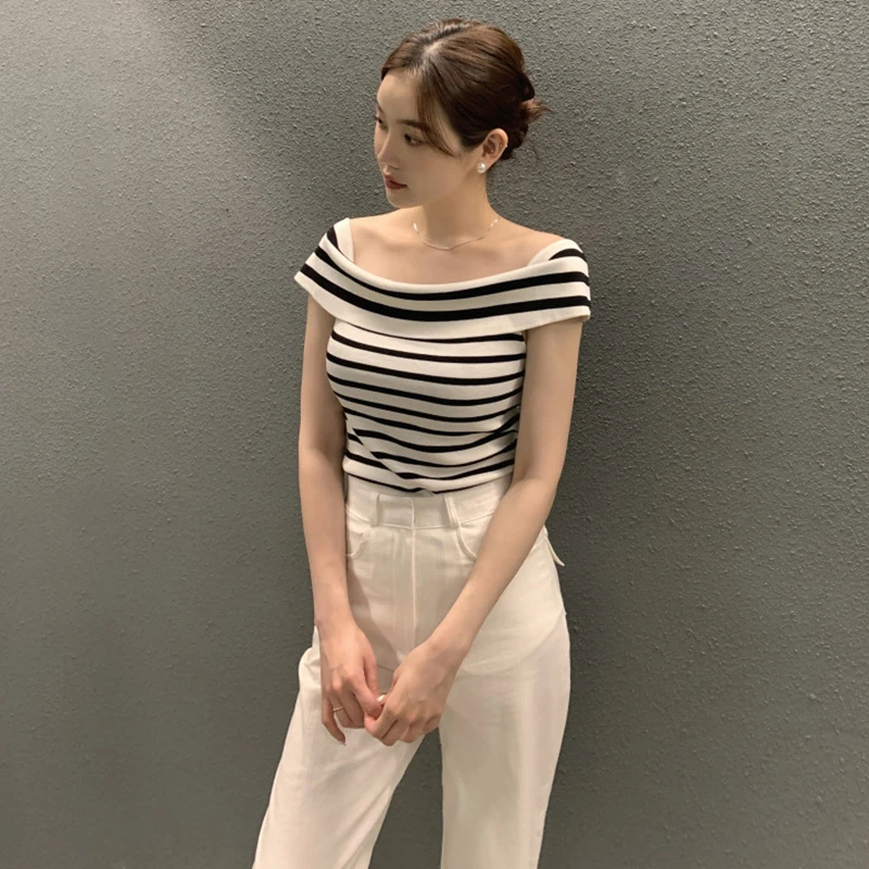 Summer Fashion Stripe Knitted T-shirt Women Sexy Off Shoulder Short Sleeve Slim Top