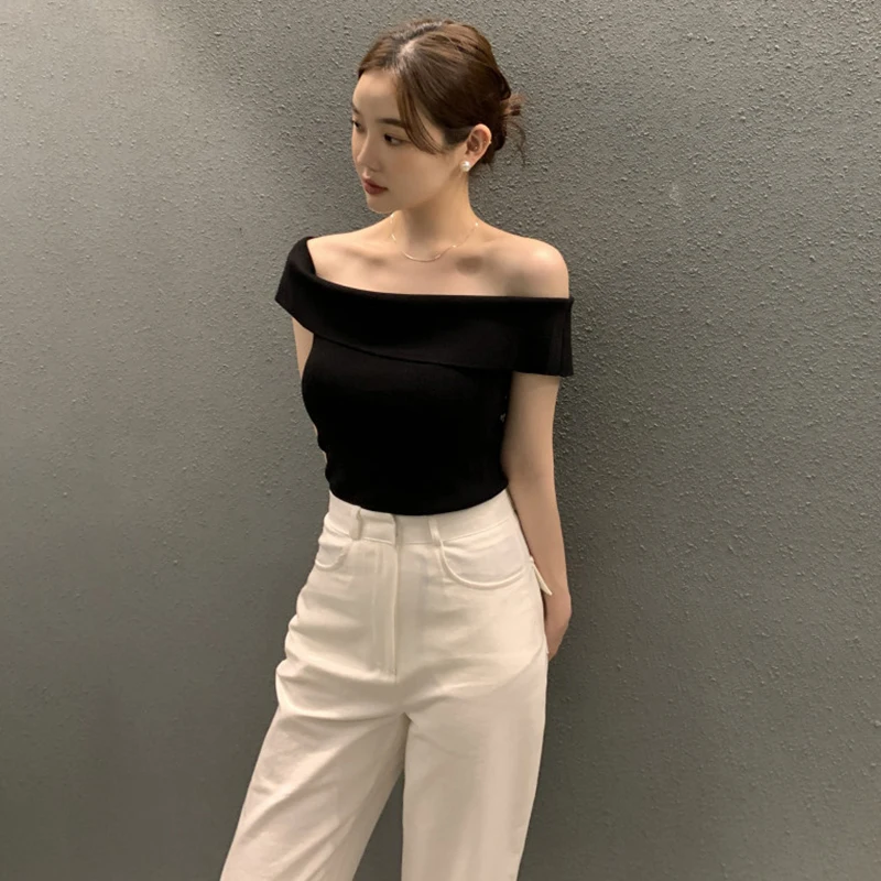 Summer Fashion Stripe Knitted T-shirt Women Sexy Off Shoulder Short Sleeve Slim Top