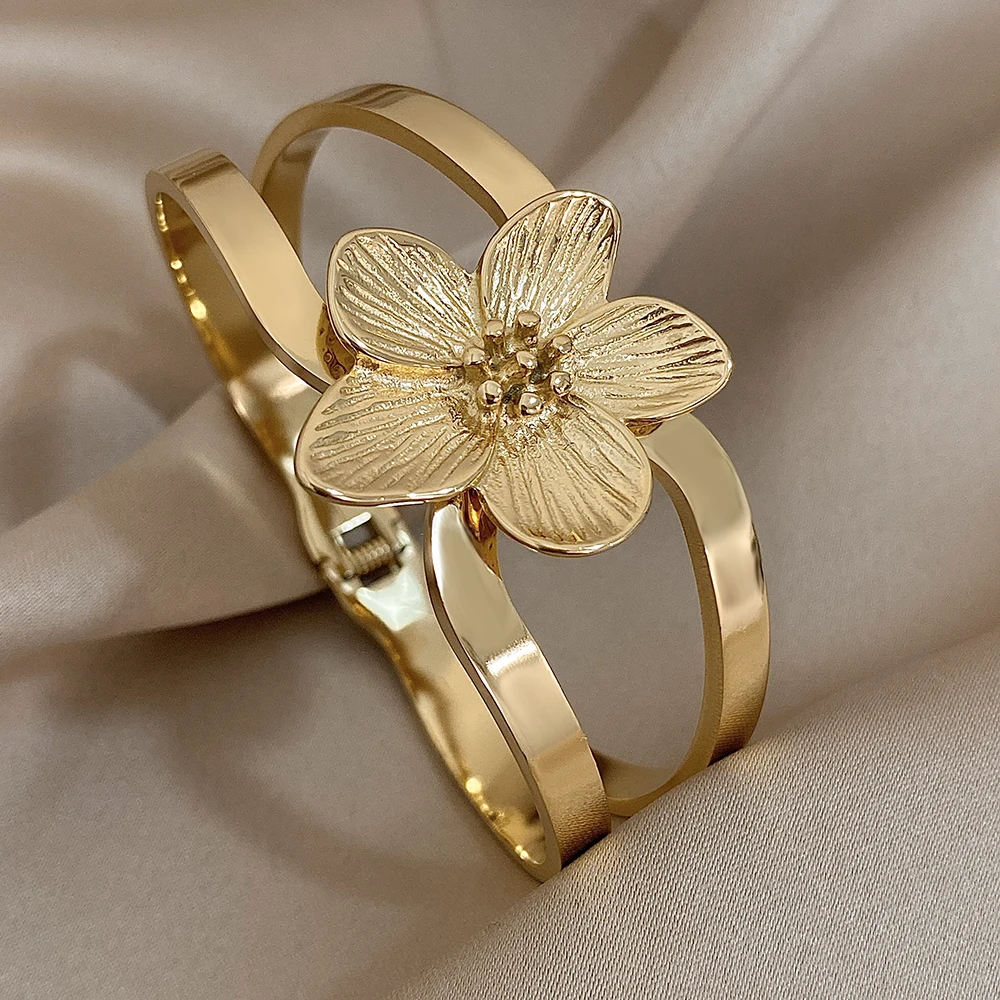 316L Stainless Steel Gold Plated Cuff Bangle Bracelet for Women Fashion Big Flower Chunky Bracelets Waterproof Jewelry