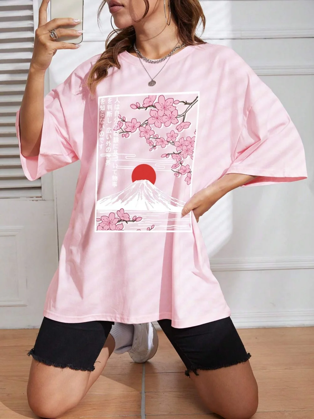Japanese Style Women Cotton T-shirts Mount Fuji & Cherry Blossoms Printing Tee Summer Casual O-Neck Loose Short Sleeve Clothes