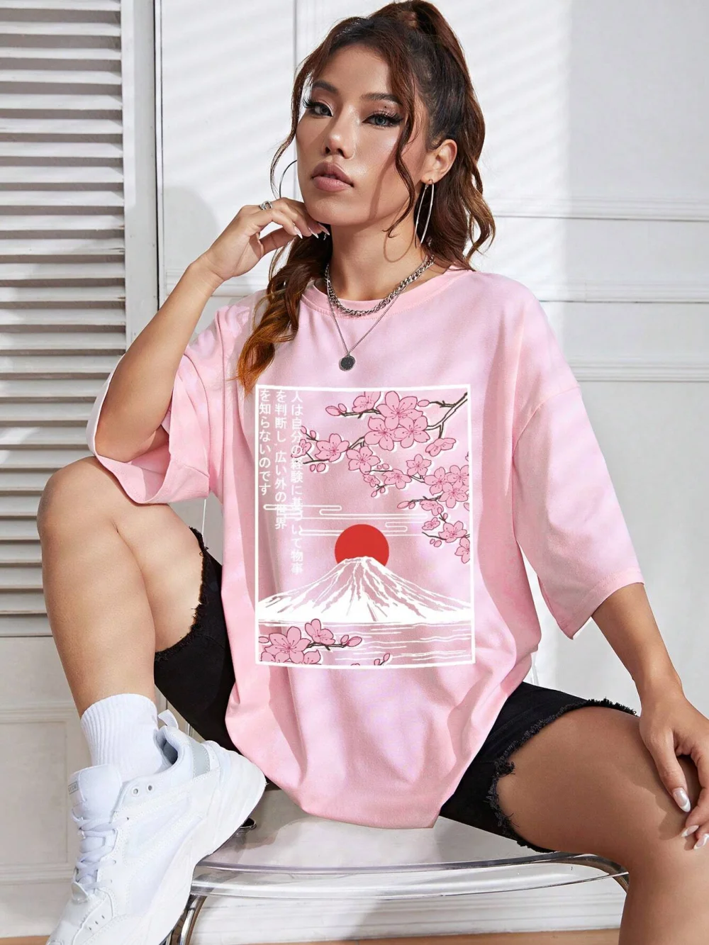 Japanese Style Women Cotton T-shirts Mount Fuji & Cherry Blossoms Printing Tee Summer Casual O-Neck Loose Short Sleeve Clothes
