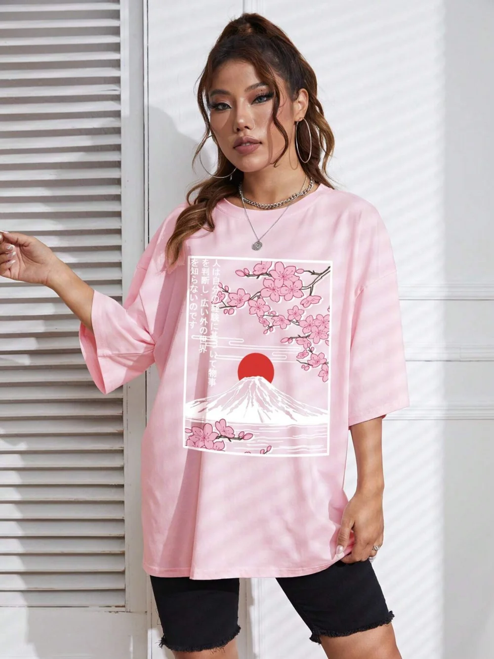 Japanese Style Women Cotton T-shirts Mount Fuji & Cherry Blossoms Printing Tee Summer Casual O-Neck Loose Short Sleeve Clothes
