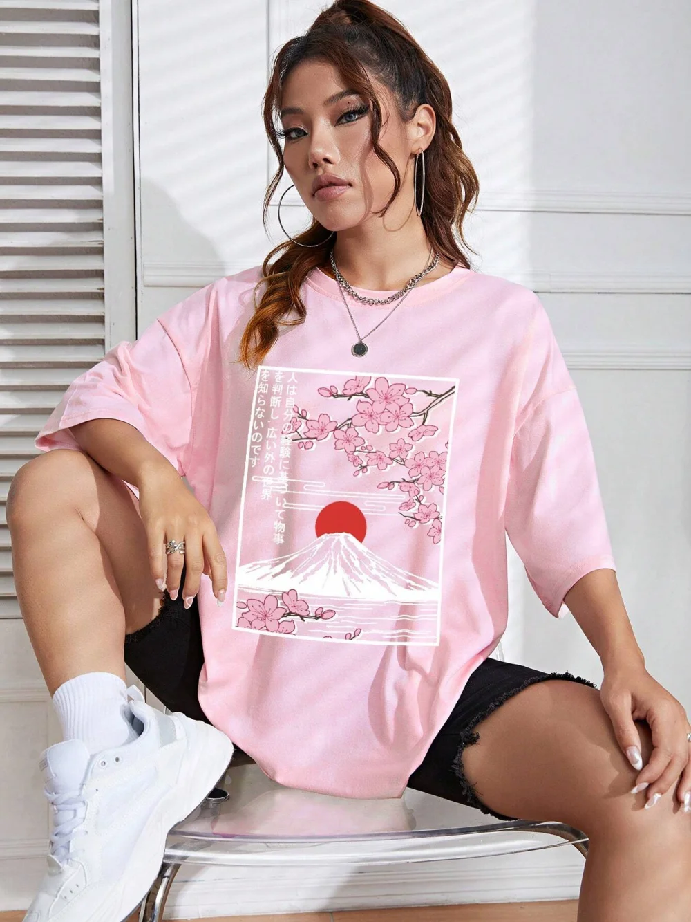 Japanese Style Women Cotton T-shirts Mount Fuji & Cherry Blossoms Printing Tee Summer Casual O-Neck Loose Short Sleeve Clothes