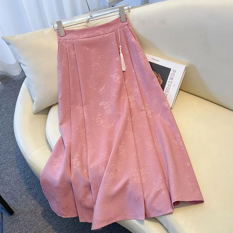 2024 Summer Women Fashion New Chinese Traditional Skirts Girls Comfortable Baggy Elastic Dress Female Versatile Slimming Skirts