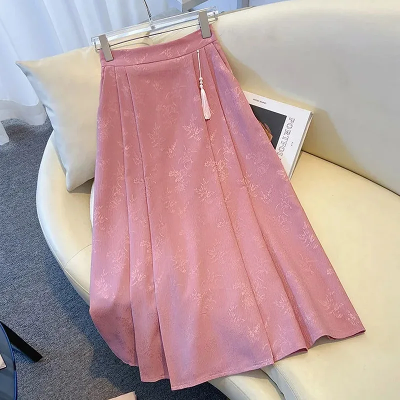 2024 Summer Women Fashion New Chinese Traditional Skirts Girls Comfortable Baggy Elastic Dress Female Versatile Slimming Skirts