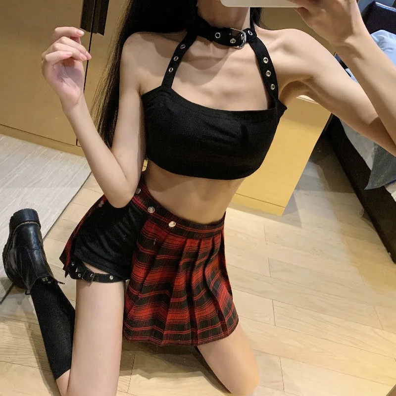 2024 Pleated Girls Gothic Half Skirts Summer Harajuku Punk Style Plaid Irregular Skirts Women Asymmetrical High Waist Black Skir