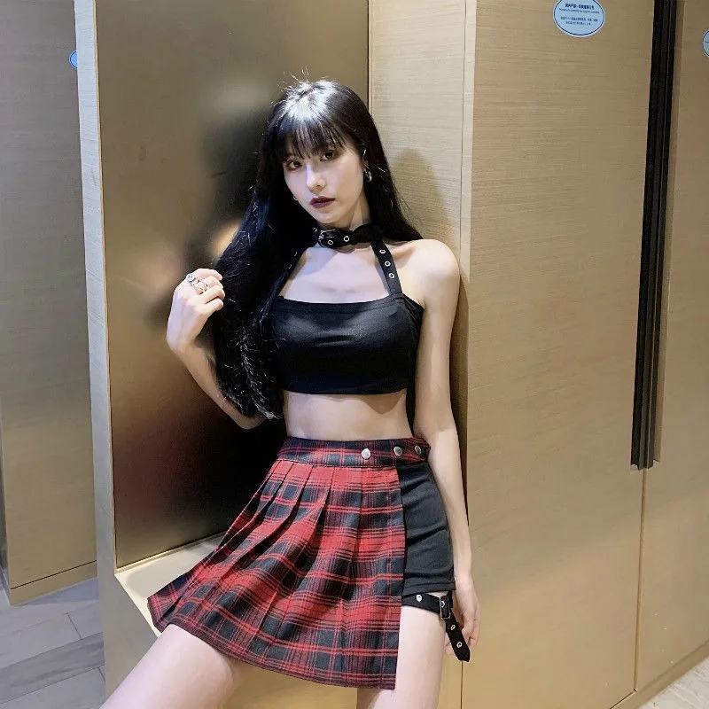 2024 Pleated Girls Gothic Half Skirts Summer Harajuku Punk Style Plaid Irregular Skirts Women Asymmetrical High Waist Black Skir
