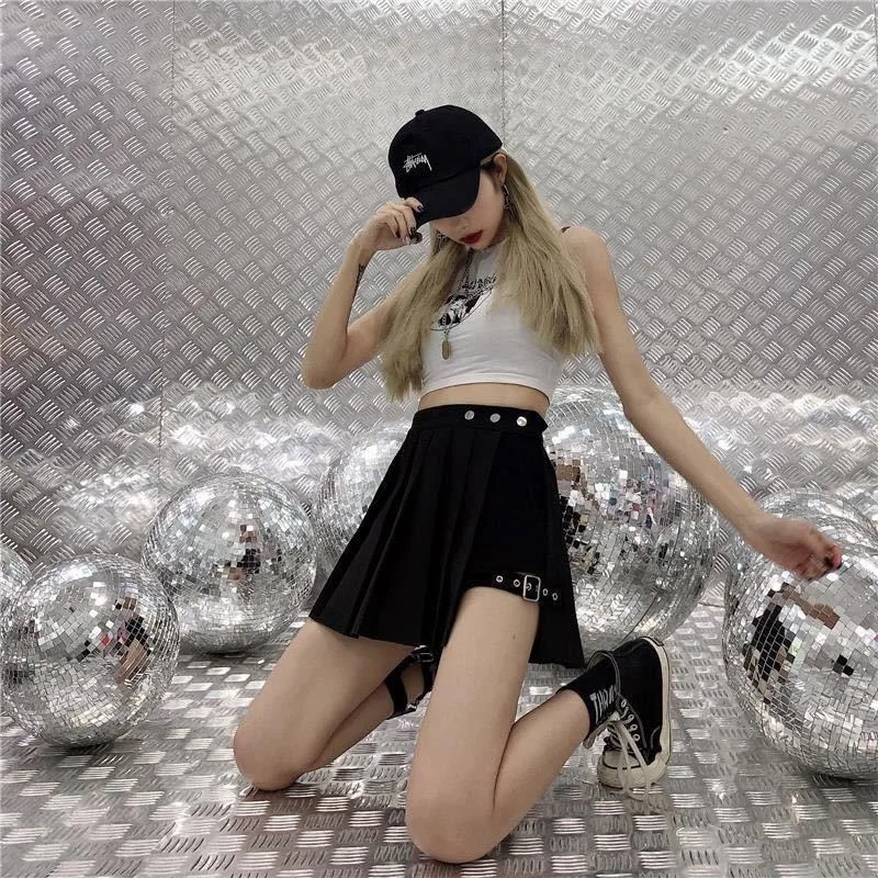 2024 Pleated Girls Gothic Half Skirts Summer Harajuku Punk Style Plaid Irregular Skirts Women Asymmetrical High Waist Black Skir