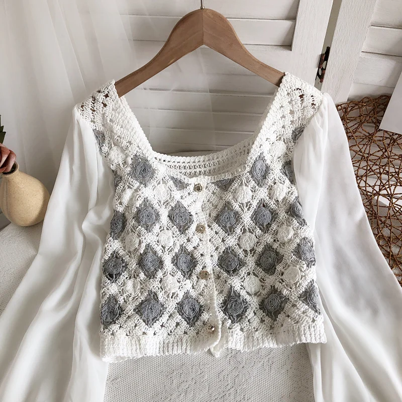 Crochet Top with Chiffon Sleeve Argyle Embroidery Square-neck Fake Two-Piece Blouse Spring Summer Fairycore Cottagecore
