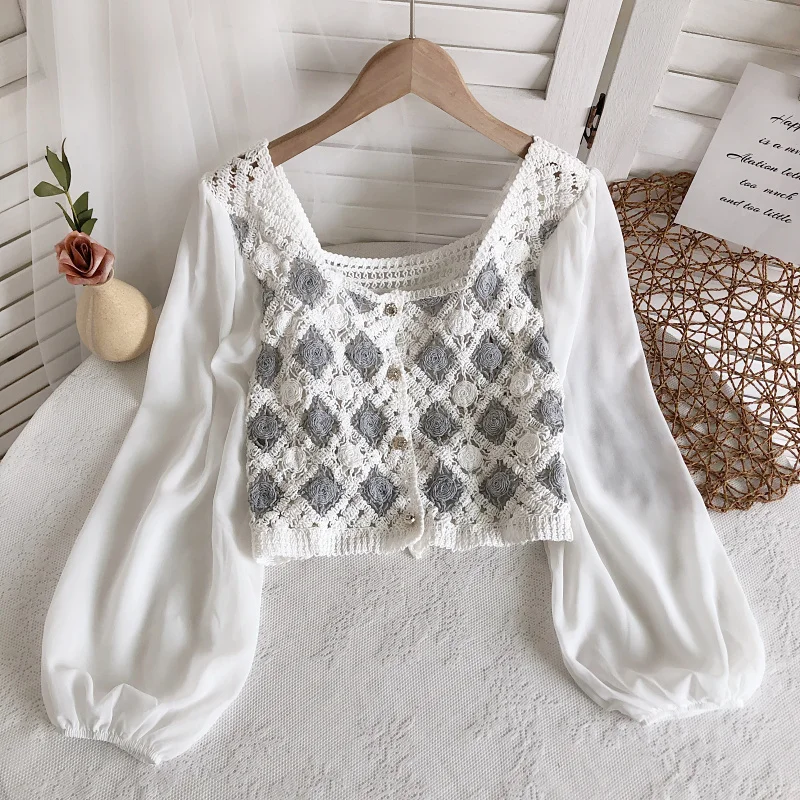 Crochet Top with Chiffon Sleeve Argyle Embroidery Square-neck Fake Two-Piece Blouse Spring Summer Fairycore Cottagecore