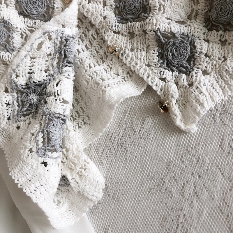 Crochet Top with Chiffon Sleeve Argyle Embroidery Square-neck Fake Two-Piece Blouse Spring Summer Fairycore Cottagecore