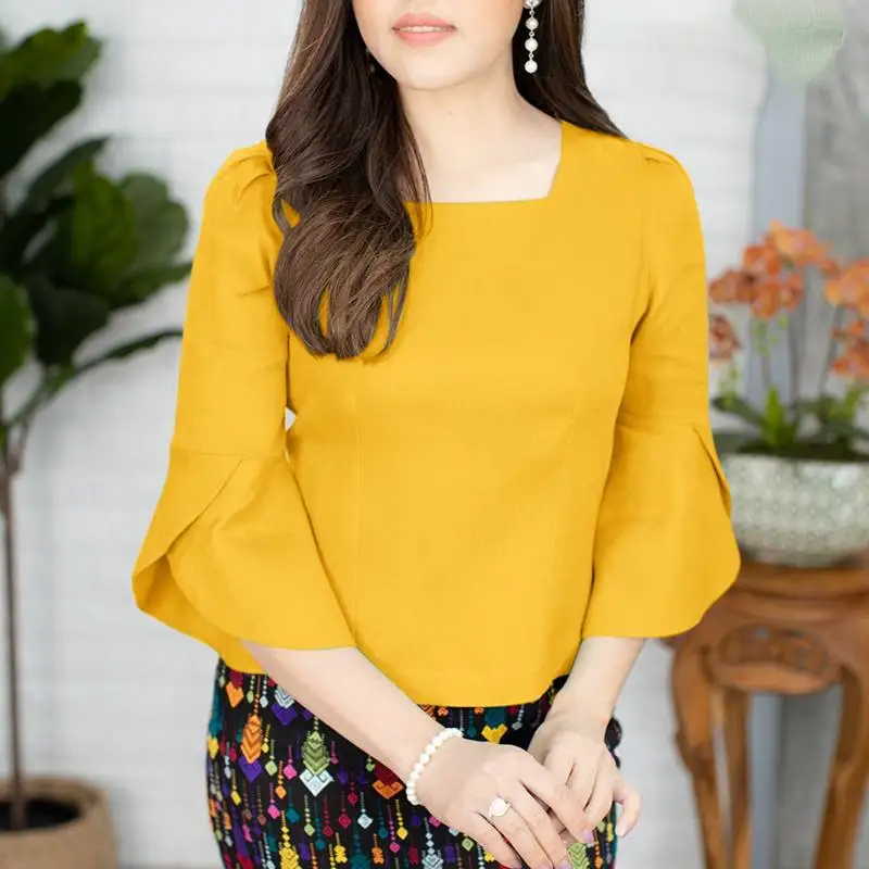 ZANZEA Elegant Korean Women Blouse Chic Puff 3/4 Sleeve Tops Fashion Square Collar Tunics 2024 Summer Vintage Party Shirt Blusas