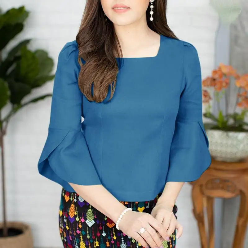 ZANZEA Elegant Korean Women Blouse Chic Puff 3/4 Sleeve Tops Fashion Square Collar Tunics 2024 Summer Vintage Party Shirt Blusas