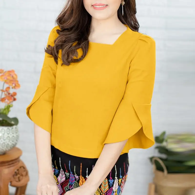 ZANZEA Elegant Korean Women Blouse Chic Puff 3/4 Sleeve Tops Fashion Square Collar Tunics 2024 Summer Vintage Party Shirt Blusas