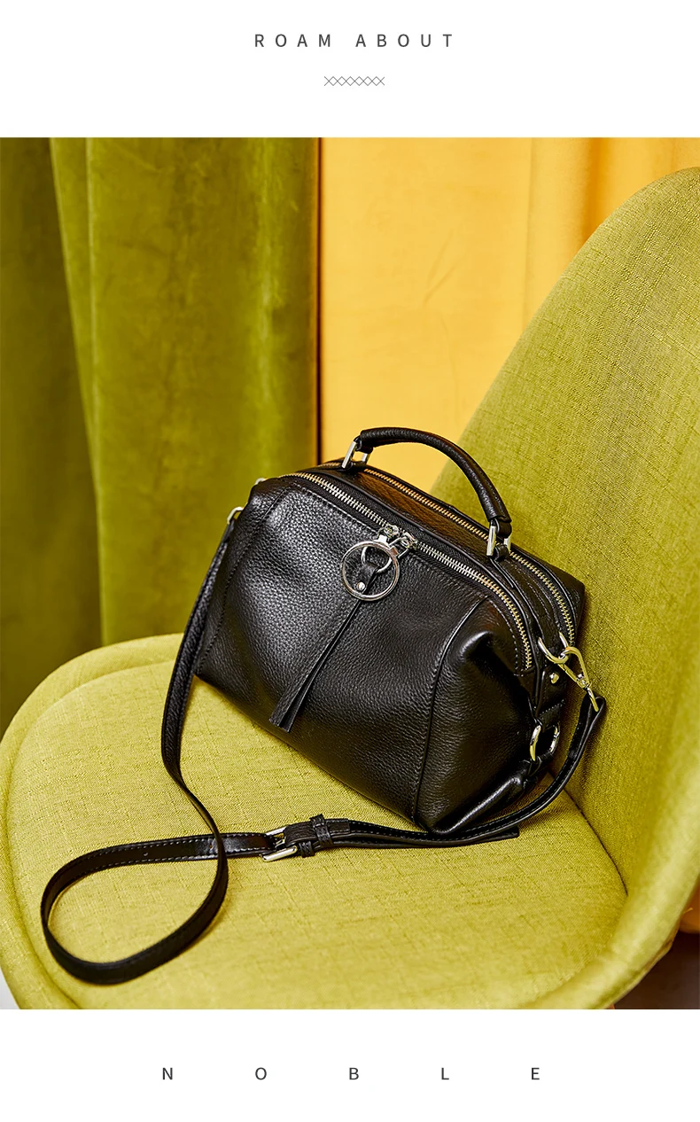 Zency Fashion Black Designer Shoulder Bag For Women 100% Genuine Leather Handbag Medium Size For Daily Life With Two Straps
