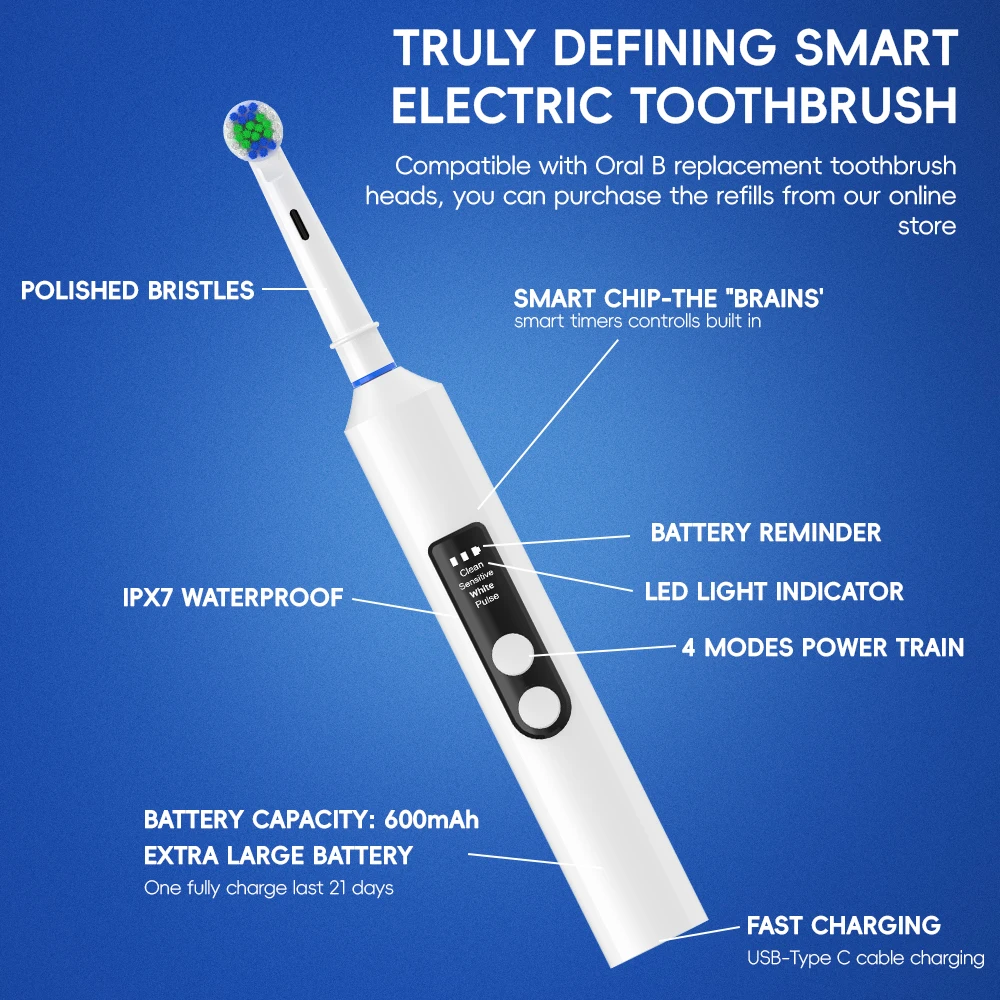 Intelligent Rotating Electric Toothbrush, 4 Modes Smart Rechargeable Rotary Toothbrush Compatible with Oral B Replacement Heads