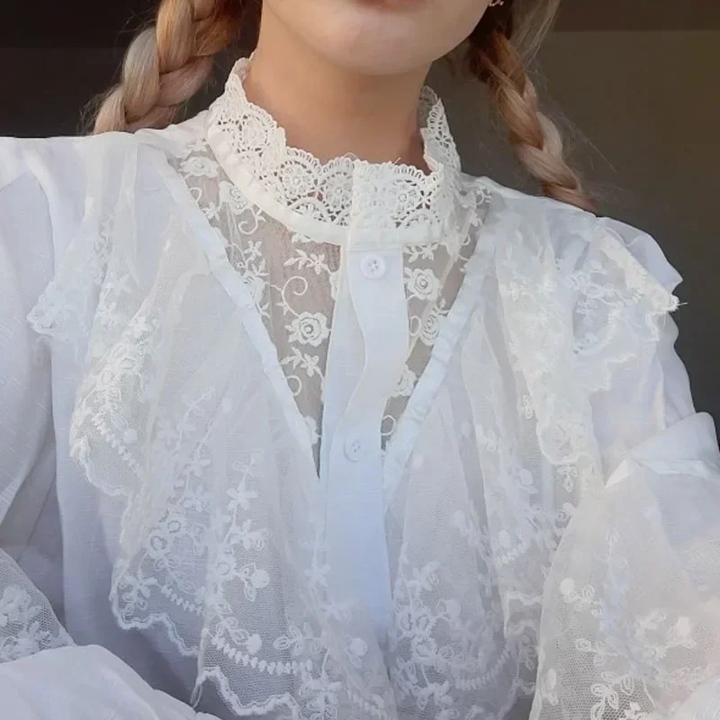 Casual Elegant Women Lace Blouse Fashion Long Sleeve Ruffled Vintage Shirt Female Korean Embroidery Loose White Shirts New 11335