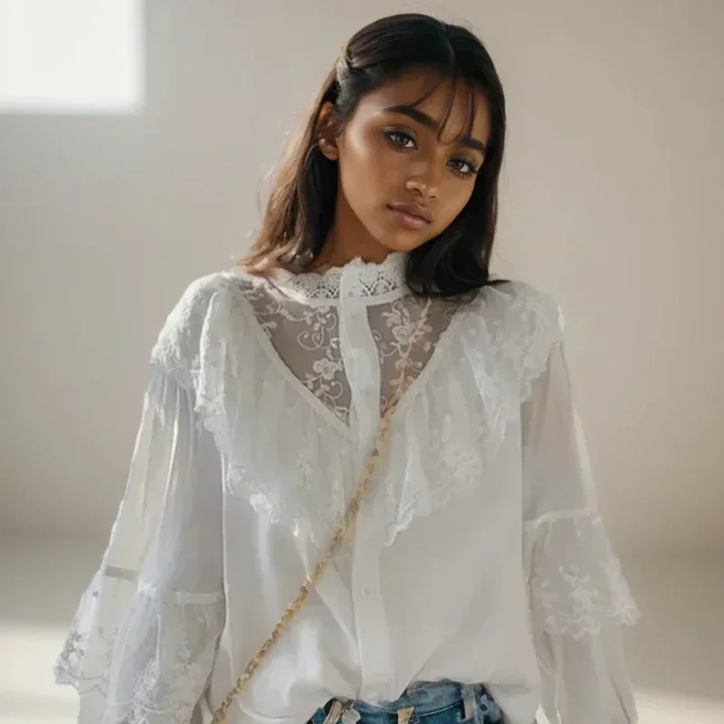 Casual Elegant Women Lace Blouse Fashion Long Sleeve Ruffled Vintage Shirt Female Korean Embroidery Loose White Shirts New 11335