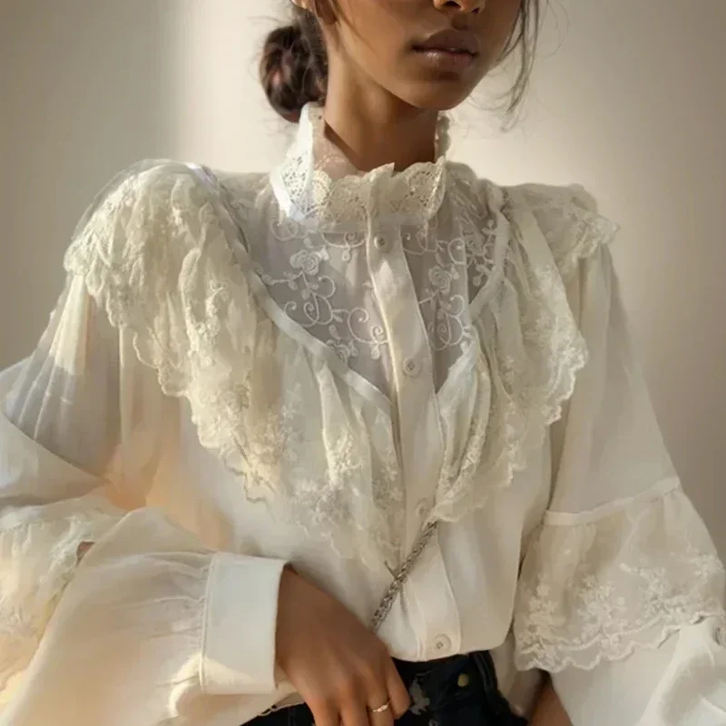 Casual Elegant Women Lace Blouse Fashion Long Sleeve Ruffled Vintage Shirt Female Korean Embroidery Loose White Shirts New 11335