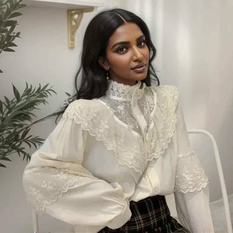 Casual Elegant Women Lace Blouse Fashion Long Sleeve Ruffled Vintage Shirt Female Korean Embroidery Loose White Shirts New 11335