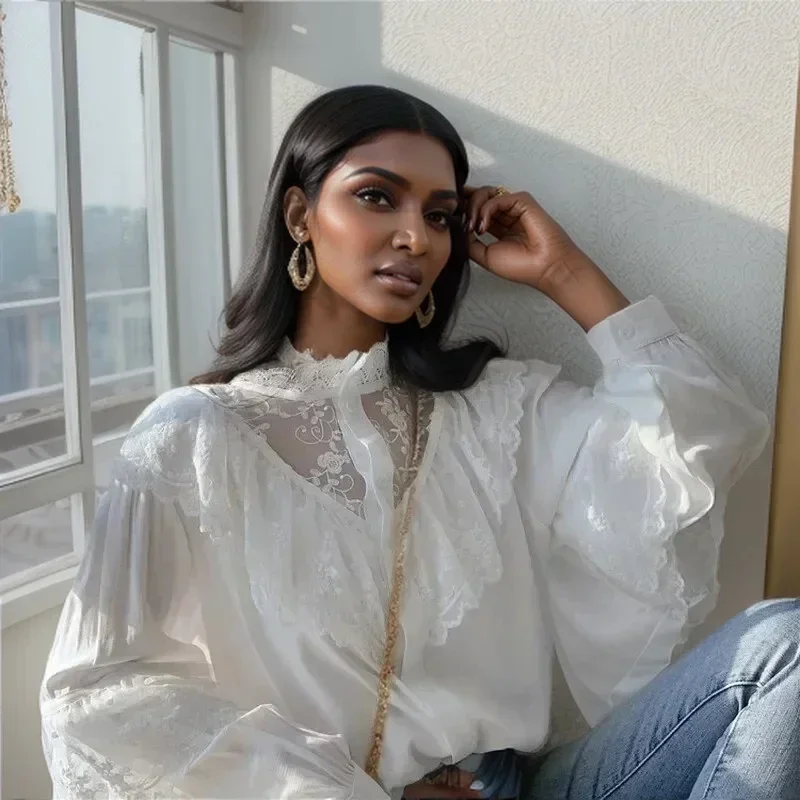 Casual Elegant Women Lace Blouse Fashion Long Sleeve Ruffled Vintage Shirt Female Korean Embroidery Loose White Shirts New 11335