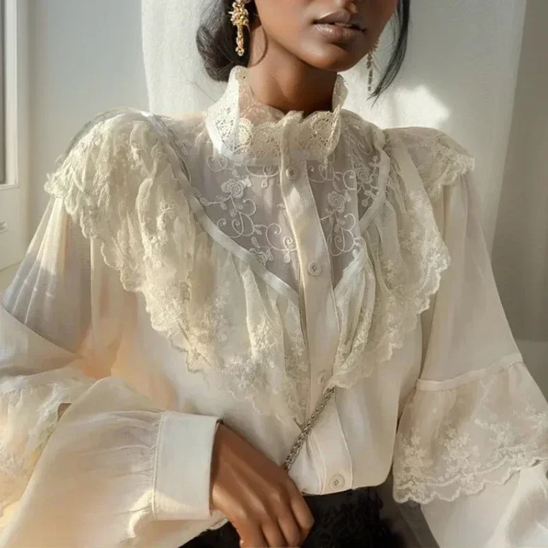 Casual Elegant Women Lace Blouse Fashion Long Sleeve Ruffled Vintage Shirt Female Korean Embroidery Loose White Shirts New 11335