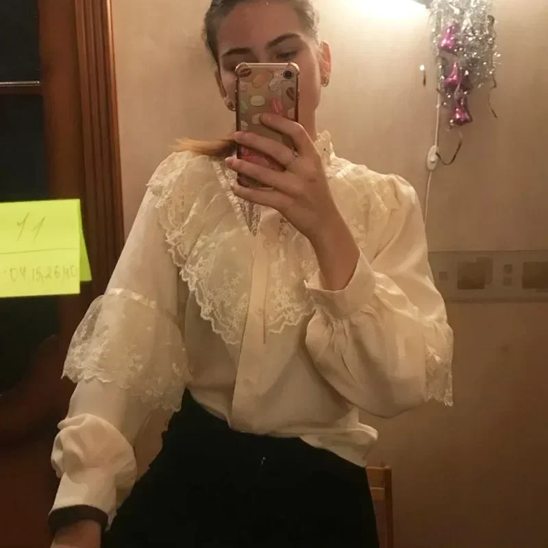 Casual Elegant Women Lace Blouse Fashion Long Sleeve Ruffled Vintage Shirt Female Korean Embroidery Loose White Shirts New 11335