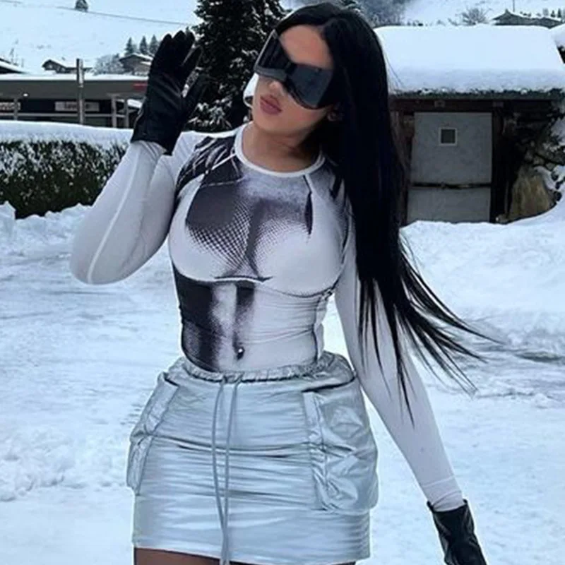 Tie Dye Long Sleeve Crops Tops Crewneck Slim T-shirts Spring Casual Print Tees For Women Y2k 3D Stereoscopic Streetwear Tshirt