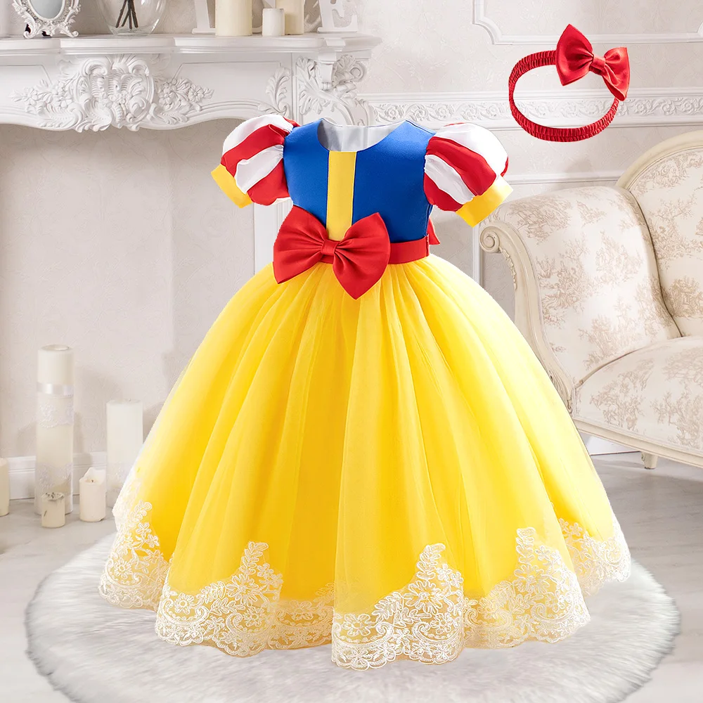 2pcs Snow White Party Dress For Girls Baby Girl Cosplay Princess Dresses Toddler Birthday Wedding Clothes Fashion Yellow Costume