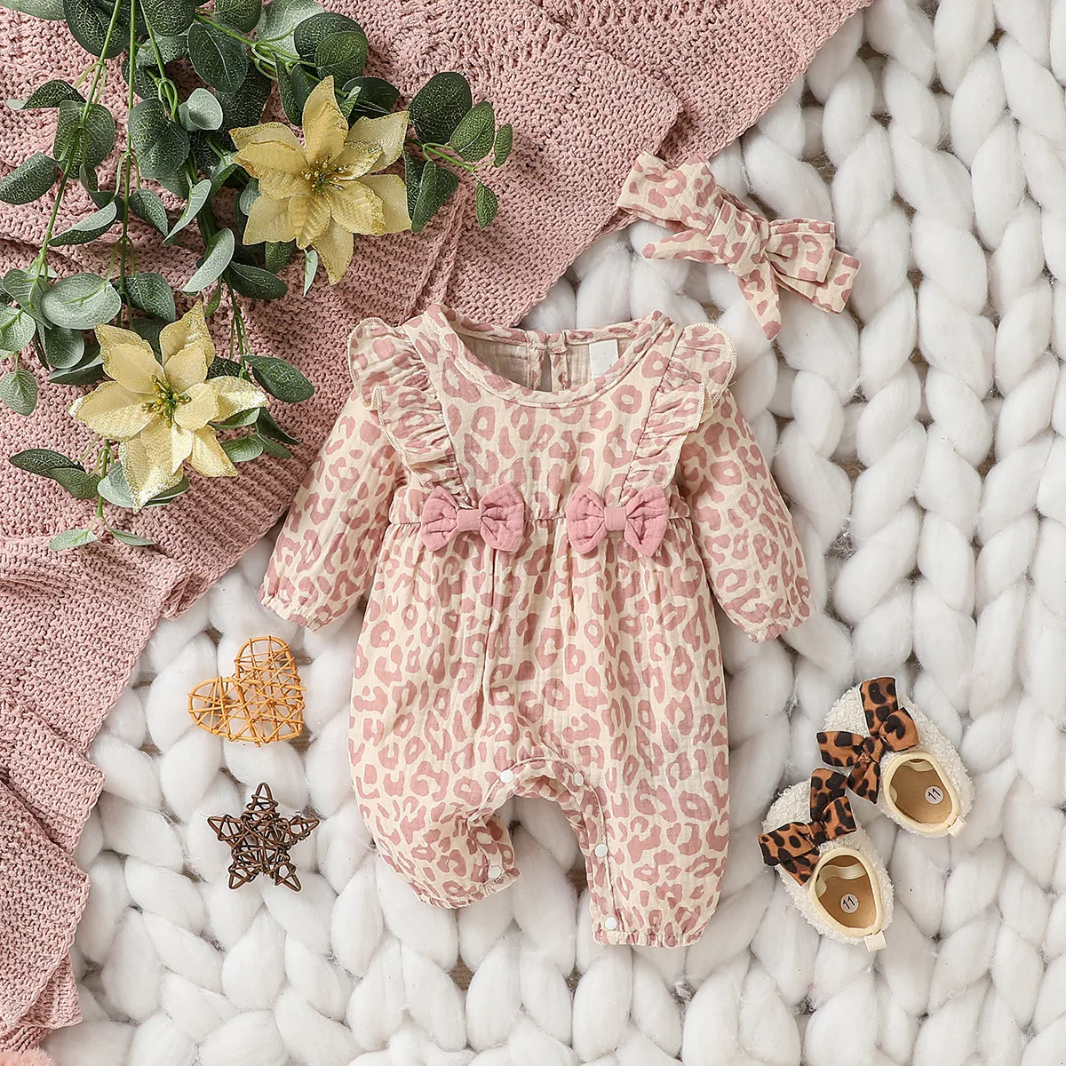 Baby Girls Summer Long Sleeve Printing Love With Bowknot For Casual Daily Cotton Jumpsuit