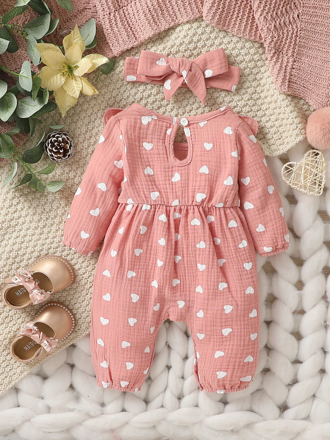 Baby Girls Summer Long Sleeve Printing Love With Bowknot For Casual Daily Cotton Jumpsuit