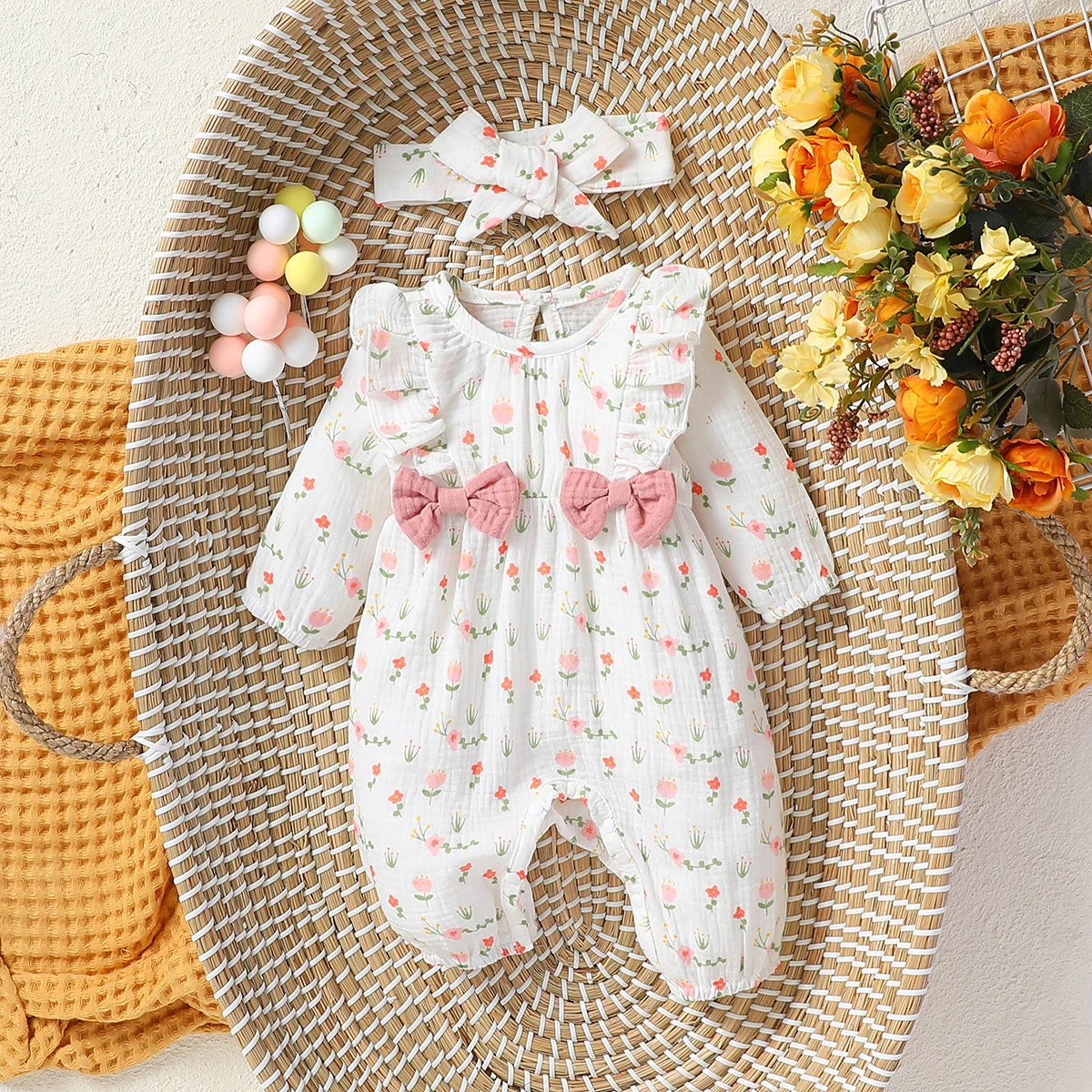 Baby Girls Summer Long Sleeve Printing Love With Bowknot For Casual Daily Cotton Jumpsuit