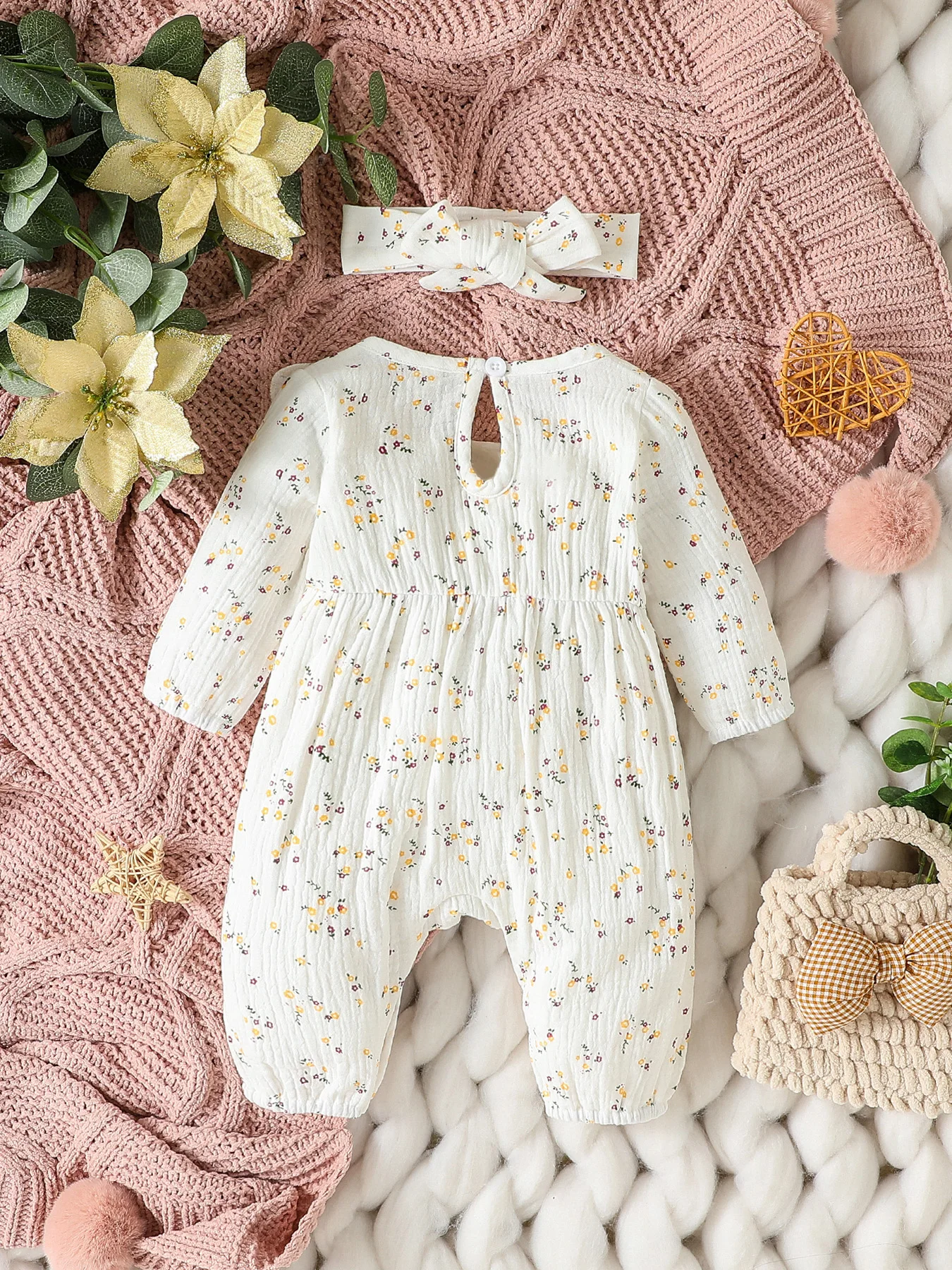 Baby Girls Summer Long Sleeve Printing Love With Bowknot For Casual Daily Cotton Jumpsuit