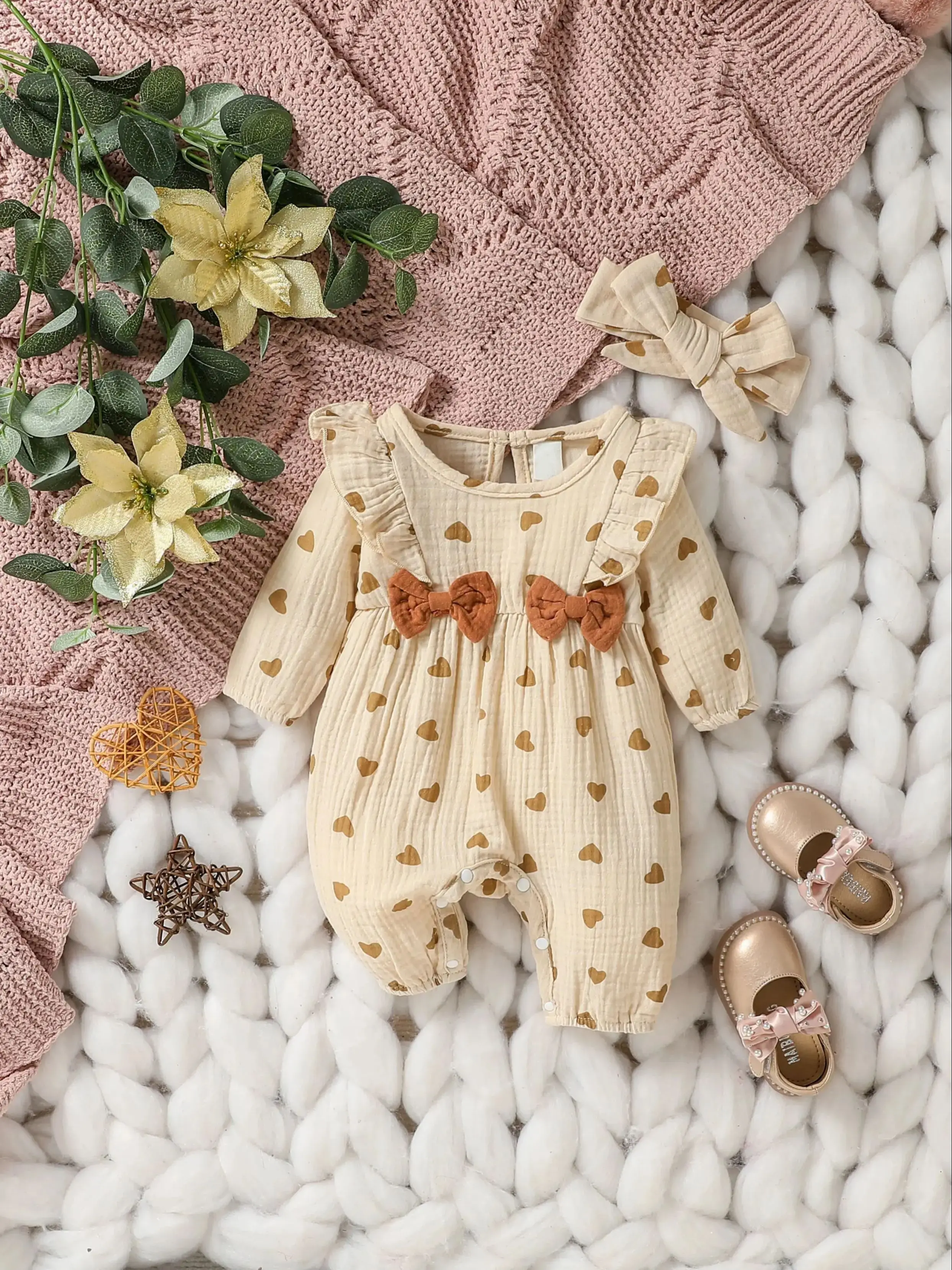 Baby Girls Summer Long Sleeve Printing Love With Bowknot For Casual Daily Cotton Jumpsuit