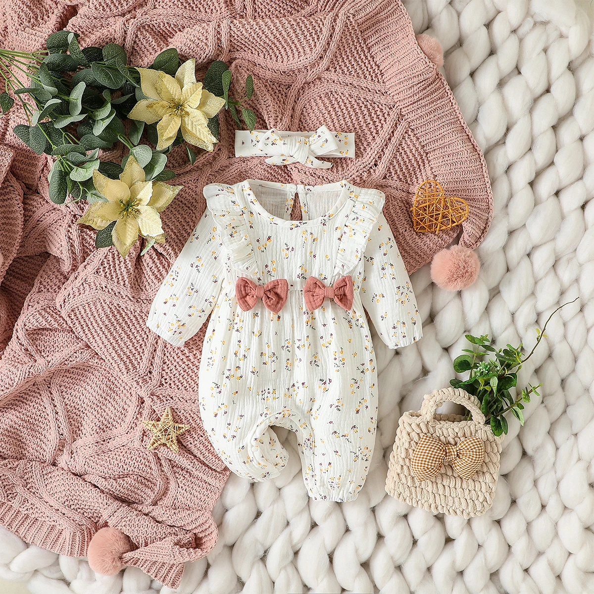 Baby Girls Summer Long Sleeve Printing Love With Bowknot For Casual Daily Cotton Jumpsuit