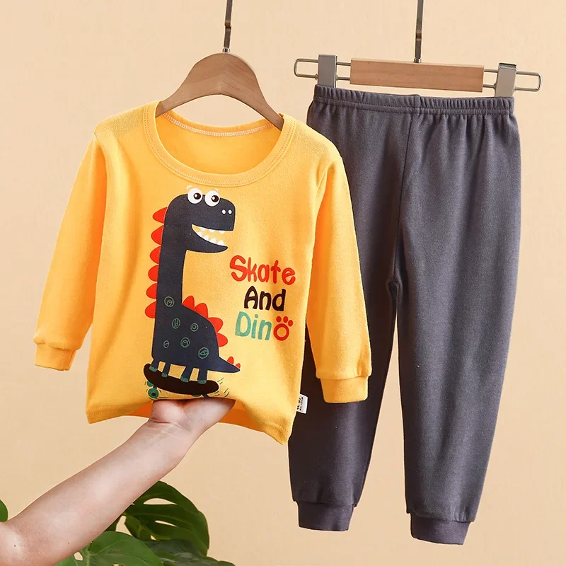 2-10 Years Spring Autumn Boys Pajamas Cartoon Dinosaur Pattern Full Sleeve Shirt +Pants 2Pcs Suit For Kids Children Clothing Set