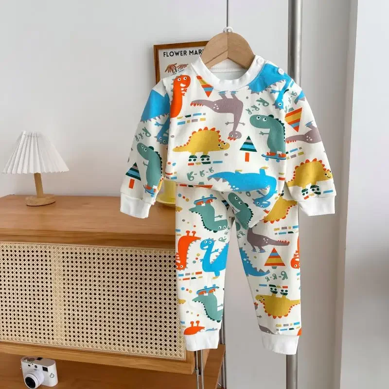 2-10 Years Spring Autumn Boys Pajamas Cartoon Dinosaur Pattern Full Sleeve Shirt +Pants 2Pcs Suit For Kids Children Clothing Set