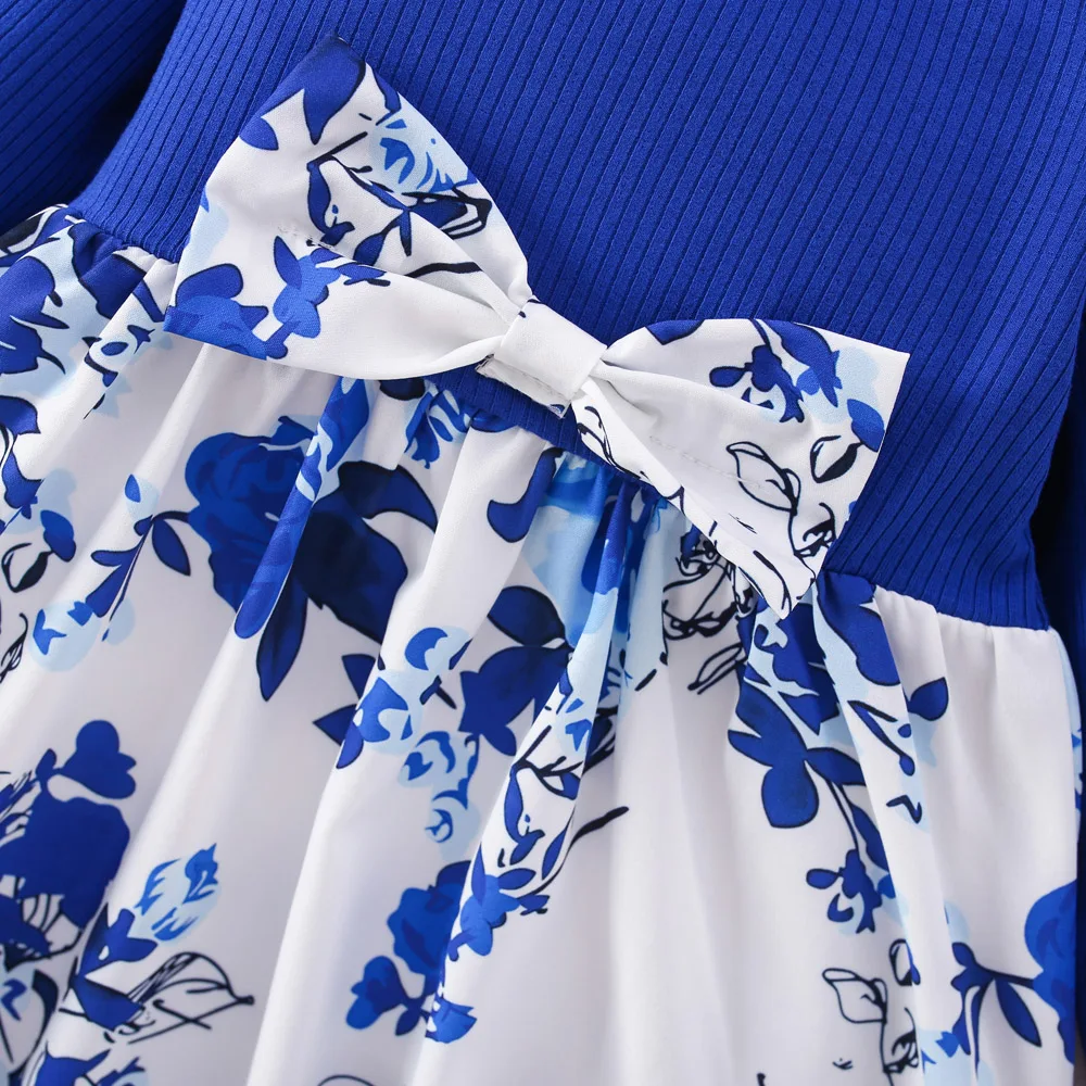 (6 Months -3 Years Old) Spring And Autumn New Blue Flower Baby Girl Dress, Chinese Retro Style Children'S Long Sleeve Clothes