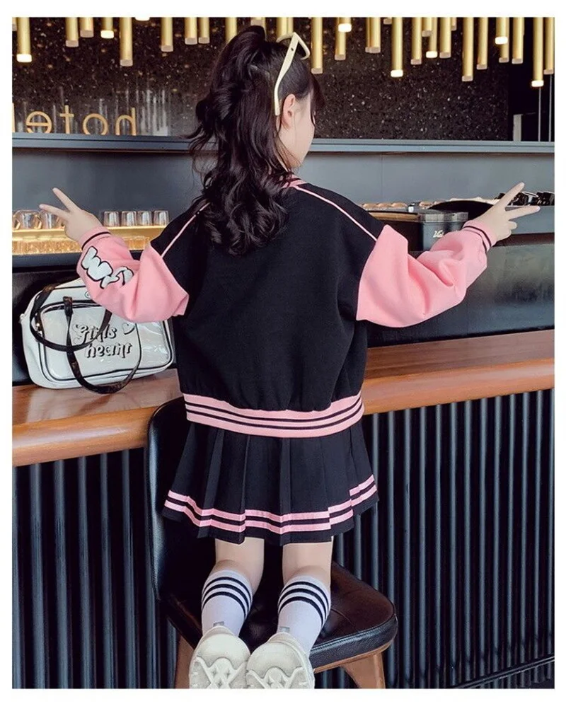 Girls Fashion Clothing Sets Spring Autumn Kids Baseball Sports Suit Children Jacket Pleated Skirt 2Pcs Student Uniform Outfits