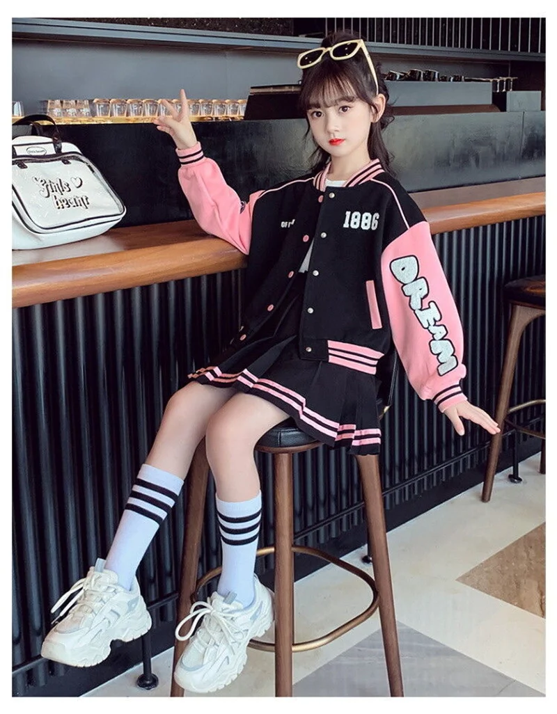 Girls Fashion Clothing Sets Spring Autumn Kids Baseball Sports Suit Children Jacket Pleated Skirt 2Pcs Student Uniform Outfits