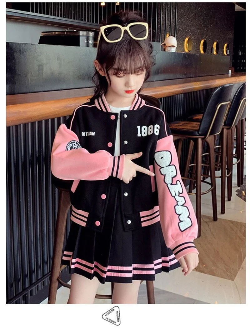 Girls Fashion Clothing Sets Spring Autumn Kids Baseball Sports Suit Children Jacket Pleated Skirt 2Pcs Student Uniform Outfits