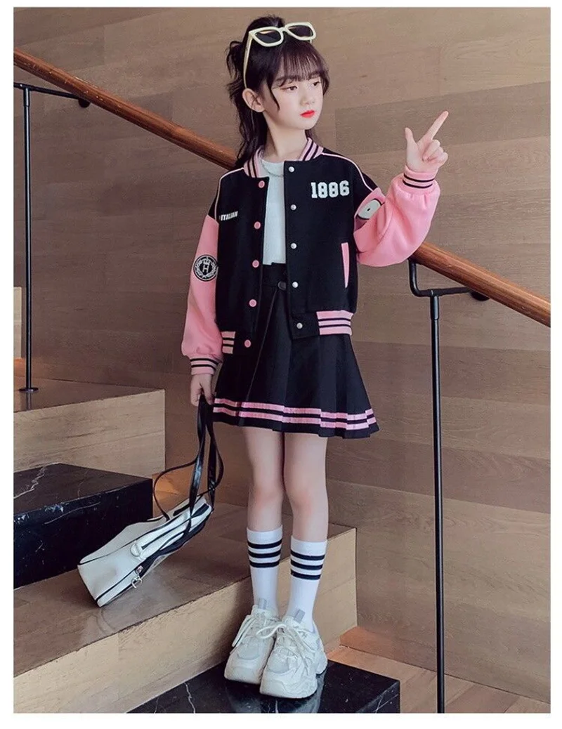 Girls Fashion Clothing Sets Spring Autumn Kids Baseball Sports Suit Children Jacket Pleated Skirt 2Pcs Student Uniform Outfits