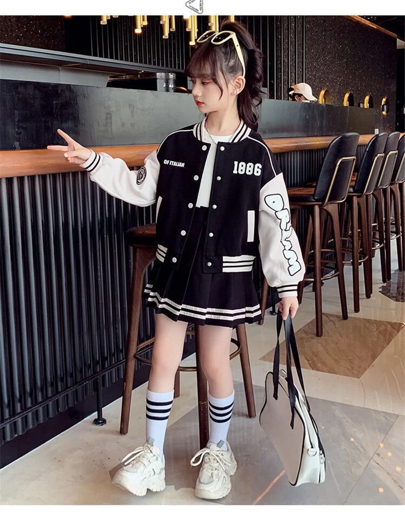 Girls Fashion Clothing Sets Spring Autumn Kids Baseball Sports Suit Children Jacket Pleated Skirt 2Pcs Student Uniform Outfits