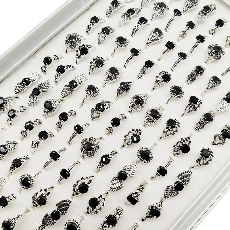 20pc/Lot Wholesale New Black Acrylic Joint Rings For Women Fashion Girl Mix Style Size Vintage Silver Plate Finger Jewelry Party