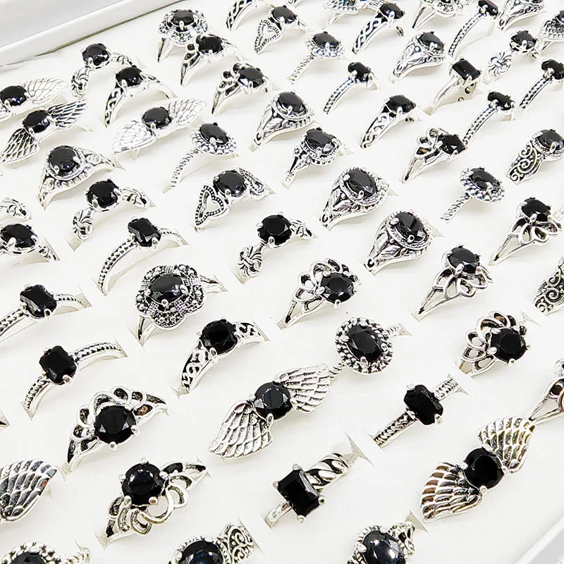 20pc/Lot Wholesale New Black Acrylic Joint Rings For Women Fashion Girl Mix Style Size Vintage Silver Plate Finger Jewelry Party