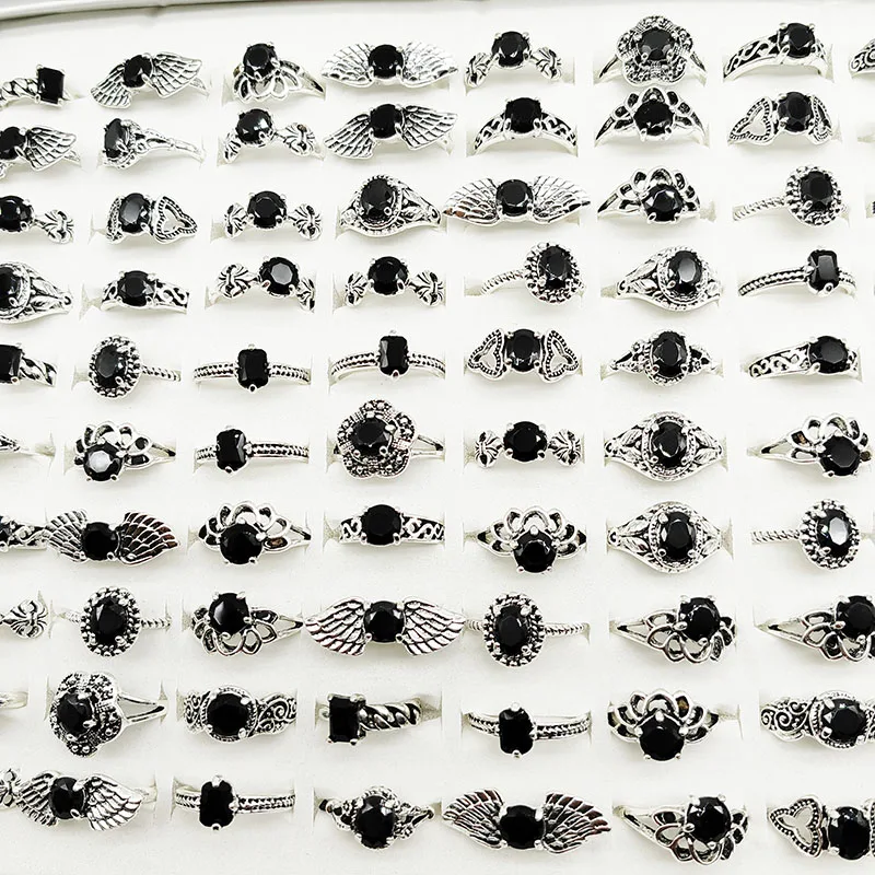 20pc/Lot Wholesale New Black Acrylic Joint Rings For Women Fashion Girl Mix Style Size Vintage Silver Plate Finger Jewelry Party