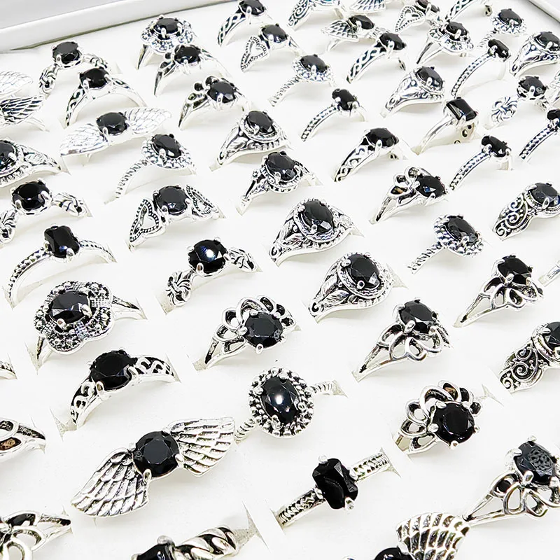 20pc/Lot Wholesale New Black Acrylic Joint Rings For Women Fashion Girl Mix Style Size Vintage Silver Plate Finger Jewelry Party