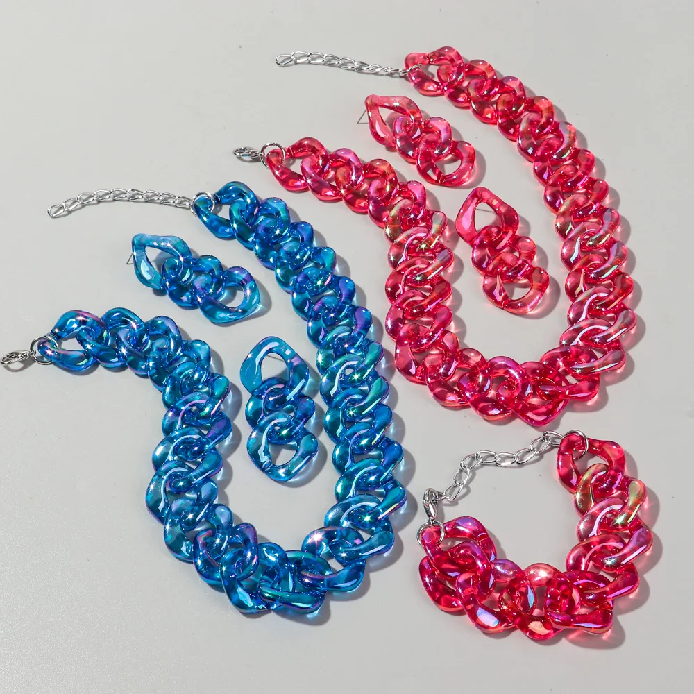 4pcs/Set Iridescent Acrylic Chain Necklace for Women New Transparent Square Link Statement Earrings Bracelet Choker Jewelry Sets