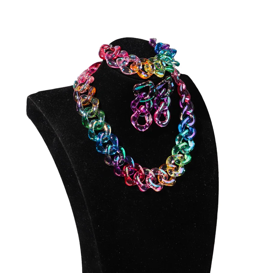 4pcs/Set Iridescent Acrylic Chain Necklace for Women New Transparent Square Link Statement Earrings Bracelet Choker Jewelry Sets