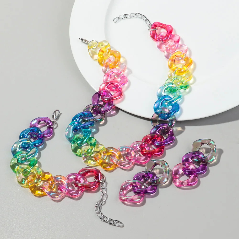4pcs/Set Iridescent Acrylic Chain Necklace for Women New Transparent Square Link Statement Earrings Bracelet Choker Jewelry Sets